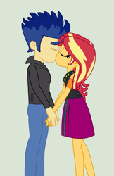 Size: 1089x1681 | Tagged: safe, artist:brightstar40k, flash sentry, sunset shimmer, human, equestria girls, g4, duo, eyes closed, female, green background, kiss on the lips, kissing, male, ship:flashimmer, shipping, simple background, straight