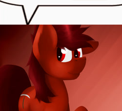 Size: 540x491 | Tagged: safe, artist:marsminer, edit, oc, oc only, oc:mars miner, earth pony, pony, cropped, desktop background, earth pony oc, gradient background, looking back, male, male oc, old art, pony oc, red background, red coat, red eyes, red fur, red hair, red mane, red pony, red tail, simple background, smiling, solo, speech bubble, stallion oc, tail, wallpaper