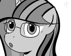 Size: 1380x1080 | Tagged: safe, artist:reinbou, sci-twi, twilight sparkle, pony, unicorn, g4, :o, female, glasses, grayscale, mare, monochrome, open mouth, simple background, solo, unicorn twilight, white background