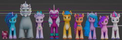 Size: 1758x578 | Tagged: safe, gameloft, alphabittle blossomforth, hitch trailblazer, izzy moonbow, misty brightdawn, opaline arcana, pipp petals, queen haven, sunny starscout, zipp storm, alicorn, armadillo, earth pony, pegasus, pony, unicorn, g5, my little pony: mane merge, spoiler:g5, 3d, father and child, father and daughter, female, height difference, lines, male, mane five, mane stripe sunny, mare, needs more jpeg, pipp is short, royal sisters (g5), siblings, sisters, size chart, size comparison, stallion, t pose