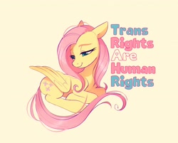 Size: 4096x3290 | Tagged: safe, artist:imalou, fluttershy, pegasus, pony, g4, comments locked down, cute, eyebrows, female, folded wings, high res, lidded eyes, lying down, mare, ponyloaf, pride, pride flag, prone, shyabetes, simple background, sitting, smiling, solo, text, trans fluttershy, transgender, transgender pride flag, wings, yellow background