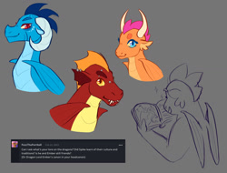 Size: 1280x974 | Tagged: safe, artist:s0ftserve, garble, princess ember, smolder, spike, dragon, g4, book, dragoness, female, gray background, male, older, simple background, winged spike, wings