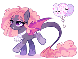 Size: 2593x1949 | Tagged: safe, artist:gihhbloonde, oc, oc only, bat pony, pony, base used, bat pony oc, body markings, colored wings, cravat, eyeshadow, fangs, female, jabot, leonine tail, makeup, mare, offspring, parent:bat pony royal guard, parent:pinkie pie, purple eyes, simple background, solo, spread wings, tail, transparent background, walking, wings