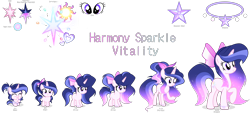 Size: 4096x1859 | Tagged: safe, artist:harmonyvitality-yt, oc, oc only, pony, unicorn, age progression, bio in description, bow, ethereal mane, female, filly, foal, hair bow, horn, mare, older, simple background, solo, starry mane, transparent background, unicorn oc