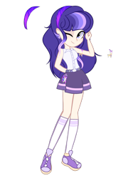 Size: 1977x2552 | Tagged: safe, artist:harmonyvitality-yt, oc, oc only, human, equestria girls, g4, base used, clothes, female, one eye closed, shoes, simple background, skirt, smiling, socks, solo, transparent background, wink