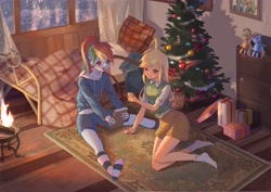 Size: 4961x3508 | Tagged: safe, artist:靖友, applejack, rainbow dash, human, equestria girls, g4, bed, blushing, book, carpet, christmas, christmas presents, christmas tree, clothes, curtains, duo, duo female, female, fireplace, holiday, lesbian, one eye closed, open mouth, photo frame, pillow, plushie, present, ship:appledash, shipping, skirt, snow, socks, stocking feet, striped socks, tree, window