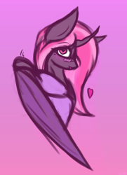 Size: 1528x2107 | Tagged: safe, artist:lu.de, oc, oc only, oc:sithilis, bat pony, changeling, hybrid, gradient background, looking at you, simple background, solo