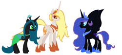 Size: 1398x634 | Tagged: safe, artist:harmonicdreemur1308, daybreaker, nightmare moon, queen chrysalis, alicorn, pony, g4, alternate universe, base used, ethereal mane, female, hoof shoes, mare, peytral, simple background, starry mane, white background