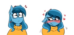 Size: 746x355 | Tagged: safe, artist:redxbacon, oc, oc only, oc:historia, crystal pony, earth pony, anthro, blushing, clothes, cute, floating heart, floppy ears, flustered, glasses, heart, looking away, meganekko, simple background, smiling, solo, sweater, wavy mouth, white background