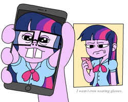 Size: 1251x1001 | Tagged: safe, artist:notfocks, part of a set, twilight sparkle, alicorn, human, equestria girls, g4, comic, cute, female, funny, iphone, nerd, phone, selfie, simple background, smartphone, solo, text, twilight sparkle (alicorn), white background