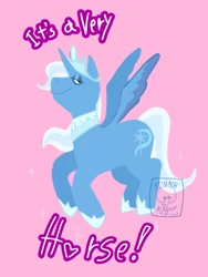 Size: 1536x2048 | Tagged: safe, artist:sylvsforest, trixie, alicorn, pony, g4, alicornified, grammar error, horn, meme, pink background, princess of humility, race swap, signature, simple background, solo, spread wings, tail, trixiecorn, wings