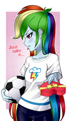 Size: 1225x2200 | Tagged: safe, artist:nekojackun, rainbow dash, human, equestria girls, g4, ball, blushing, clothes, eyebrows, female, football, frown, heart, holiday, looking away, pants, sexy, solo, sports, teeth, tsunderainbow, tsundere, valentine's day