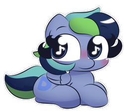 Size: 2200x2000 | Tagged: safe, artist:cushyhoof, oc, oc only, oc:dark derp, pegasus, pony, blue pony, blushing, cute, female, high res, lying down, mare, music notes, pegasus oc, simple background, solo, transparent background, wingding eyes