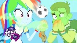 Size: 1280x720 | Tagged: safe, rainbow dash, teddy t. touchdown, human, equestria girls, g4, my little pony equestria girls: better together, official, sock it to me, sock it to me: bulk biceps, clothes, smelly, socks, youtube thumbnail
