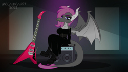 Size: 8000x4500 | Tagged: safe, alternate version, artist:metalhead97, oc, oc:veitie, dragon, anthro, amp, anthro oc, boots, clothes, corset, dragoness, dress, electric guitar, eyeliner, female, guitar, looking at you, makeup, metalhead, musical instrument, nose piercing, outfit, piercing, presenting, recording studio, shoes, show accurate, spread wings, wings