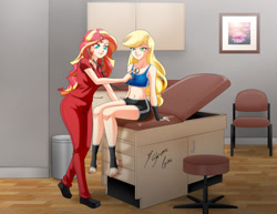 Size: 1280x989 | Tagged: safe, artist:shinta-girl, applejack, sunset shimmer, human, equestria girls, g4, chair, checkup, clothes, couple, doctor, female, humanized, nurse, scrubs (gear), ship:appleshimmer, shipping, sports bra, stethoscope, stool