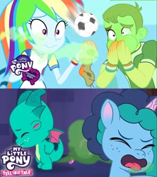 Size: 1500x1686 | Tagged: safe, edit, screencap, misty brightdawn, rainbow dash, sparky sparkeroni, teddy t. touchdown, dragon, human, pony, unicorn, equestria girls, g4, g5, haunted house (episode), my little pony equestria girls: better together, my little pony: tell your tale, official, sock it to me, spoiler:g5, spoiler:my little pony: tell your tale, spoiler:tyts01e31, baby, baby dragon, bust, clothes, disgusted, fart, fart cloud, fart joke, female, male, mare, out of context, smelly, socks, toilet humor, tongue out, why, you know for kids, youtube thumbnail