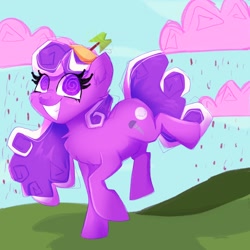 Size: 2048x2048 | Tagged: safe, artist:plushtrapez, screwball, earth pony, pony, g4, chocolate, chocolate rain, cloud, female, food, grin, high res, mare, outdoors, rain, smiling, solo