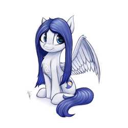 Size: 1600x1600 | Tagged: safe, artist:t15, oc, oc only, pegasus, pony, chest fluff, colored sketch, commission, looking at you, pegasus oc, signature, simple background, sitting, sketch, smiling, smiling at you, solo, white background