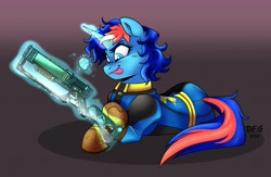 Size: 3643x2373 | Tagged: safe, artist:dragonfoxgirl, oc, oc only, oc:ryo, pony, unicorn, fallout equestria, clothes, gun, high res, horn, jumpsuit, laser rifle, levitation, magic, science fiction, solo, telekinesis, unicorn oc, vault suit, weapon