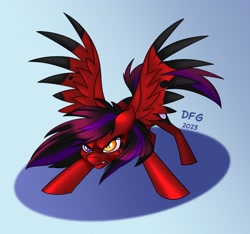 Size: 2157x2018 | Tagged: safe, artist:dragonfoxgirl, oc, oc only, unnamed oc, pegasus, pony, face down ass up, frown, gradient background, heterochromia, high res, pegasus oc, signature, solo, spread wings, teeth, wings