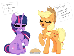 Size: 2732x2048 | Tagged: safe, artist:plushtrapez, applejack, twilight sparkle, earth pony, pony, unicorn, g4, applejack's hat, chest fluff, cowboy hat, cute, dialogue, duo, duo female, eyes closed, female, food, hat, high res, mare, open mouth, pi day, pie, raised hoof, simple background, sitting, smiling, unicorn twilight, white background