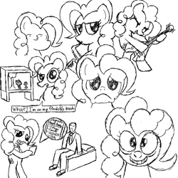 Size: 1000x1000 | Tagged: safe, artist:scootaloormayfly, pinkie pie, oc, oc:anon, earth pony, human, pony, g4, black and white, grayscale, guitar, le lenny face, looking at you, monochrome, musical instrument, necktie, sad, saxophone, simple background, sketch, sketch dump, television, text, white background