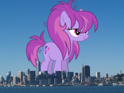 Size: 2048x1536 | Tagged: safe, anonymous editor, artist:starryshineviolet, edit, glitter spritz, earth pony, pony, g4, background pony, california, female, giant pony, giant/macro earth pony, giantess, highrise ponies, irl, macro, mare, mega giant, photo, ponies in real life, san francisco, smiling, solo