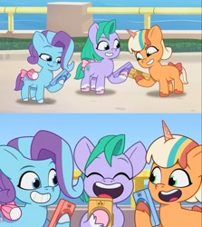 Size: 1500x1682 | Tagged: safe, edit, edited screencap, screencap, glory (g5), peach fizz, seashell (g5), earth pony, pegasus, pony, unicorn, a day in the life, g5, my little pony: tell your tale, sunny's smoothie moves, spoiler:g5, spoiler:my little pony: tell your tale, spoiler:tyts01e41, spoiler:tyts01e47, animation error, cellphone, eyebrows, female, filly, foal, grin, phone, pippsqueak trio, pippsqueaks, raised eyebrow, smartphone, smiling