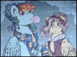 Size: 1280x960 | Tagged: safe, artist:binibean, fluttershy, rainbow dash, pegasus, pony, g4, alternate hairstyle, bubblegum, clothes, coat, duo, female, food, gum, hat, looking up, mare, masculine mare, scarf, snow, snowfall, striped scarf, winter outfit