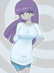 Size: 1882x2512 | Tagged: safe, alternate version, artist:batipin, maud pie, human, equestria girls, g4, abstract background, breasts, busty maud pie, female, hand on hip, looking at you, simple background, solo