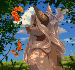 Size: 2200x2061 | Tagged: safe, artist:ohhoneybee, oc, oc only, pony, bust, dappled sunlight, female, flower, high res, mare, portrait, solo, wing ears, wings