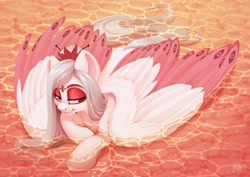 Size: 4096x2896 | Tagged: safe, artist:amishy, oc, oc only, oc:oaky leaf, pegasus, pony, colored wings, colored wingtips, eyeshadow, high res, lidded eyes, lying down, makeup, male, partially submerged, pegasus oc, prone, smiling, solo, stallion, water, wings, wings down