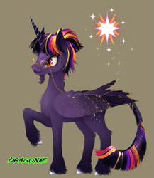 Size: 817x943 | Tagged: safe, artist:dragonae, twilight sparkle, alicorn, classical unicorn, pony, unicorn, g4, cloven hooves, glasses, horn, leonine tail, redesign, tail, tail feathers, twilight sparkle (alicorn), unshorn fetlocks