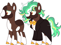 Size: 3692x2733 | Tagged: safe, artist:kurosawakuro, oc, oc only, earth pony, pony, base used, bowtie, closed mouth, clothes, coat, coat markings, colored hooves, earth pony oc, golden eyes, high res, lightly watermarked, male, pale belly, simple background, smiling, socks (coat markings), solo, stallion, standing, transparent background, watermark, yellow eyes