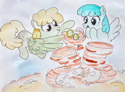 Size: 1911x1414 | Tagged: safe, artist:mandumustbasukanemen, dust devil, spring melody, sprinkle medley, pegasus, pony, g4, amazed, cute, duo, female, flying, goggles, mare, spread wings, tongue out, tornado, traditional art, watercolor painting, wind, wings