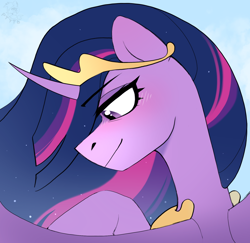 Size: 1412x1373 | Tagged: safe, artist:rtootb, twilight sparkle, alicorn, pony, g4, the last problem, bust, crown, cute, digital art, ethereal mane, female, happy, icon, jewelry, looking at someone, looking down, mare, older, older twilight, older twilight sparkle (alicorn), portrait, princess twilight 2.0, regalia, simple background, smiling, solo, spread wings, twilight sparkle (alicorn), wings