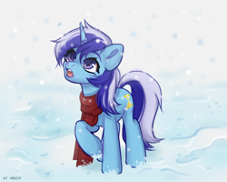Size: 2500x2000 | Tagged: safe, artist:shelti, minuette, pony, unicorn, g4, clothes, colored pupils, cute, female, high res, mare, minubetes, open mouth, raised hoof, scarf, signature, snow, snowfall, solo, standing, winter