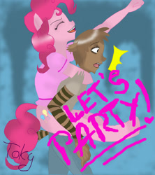 Size: 1024x1155 | Tagged: safe, artist:tokyogirly, pinkie pie, earth pony, human, raccoon, anthro, unguligrade anthro, g4, abstract background, crossover, crossover shipping, female, humanized, male, off model, regular show, rigby (regular show), rigbypie, shipping, straight, text