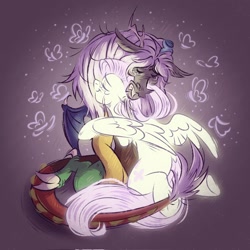 Size: 2044x2048 | Tagged: safe, artist:pegasus_loyalty, artist:regenbogen, discord, fluttershy, butterfly, ghost, pegasus, pony, undead, g5, spoiler:g5comic, spoiler:g5comic10, broken horn, crying, high res, horn, hug, immortality blues, old man discord, older, older fluttershy, sad, simple background, spread wings, wings