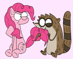 Size: 615x495 | Tagged: safe, artist:calliexsunshine, pinkie pie, earth pony, pony, raccoon, g4, angry, biting, crossover, crossover shipping, derp, female, male, pink background, raised tail, regular show, rigby (regular show), rigbypie, shipping, simple background, straight, tail