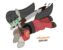 Size: 561x448 | Tagged: safe, artist:bloonacorn, octavia melody, earth pony, pony, g4, /mlp/ tf2 general, blood, chargin' targe, demoknight, demoman, eyelander, female, mare, mouth hold, shield, simple background, solo, sword, team fortress 2, transparent background, weapon