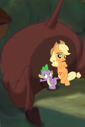 Size: 2643x3958 | Tagged: safe, edit, edited screencap, screencap, vector edit, applejack, spike, dragon, earth pony, pony, warthog, g4, butt, cropped, crossover, high res, plot, pumbaa, stuck, the lion king, this will end in death, this will end in tears, this will end in tears and/or death, this will not end well, vector