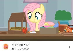 Size: 720x513 | Tagged: safe, artist:agrol, fluttershy, pegasus, pony, g4, advertisement, bow, brush, burger king, caption, glue, image macro, logo, nest, paintbrush, solo, text, tools, youtube