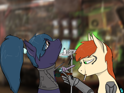 Size: 4096x3072 | Tagged: safe, artist:raw16, oc, oc:rave muller, pegasus, pony, augmented, cigarette, cyberpunk, female, male, medical stuff, operation, ponytail, smoking