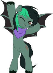 Size: 3590x5000 | Tagged: safe, artist:jhayarr23, oc, oc only, oc:target strike, bat pony, bandana, bat pony oc, bipedal, ear piercing, earring, fangs, jewelry, one eye closed, piercing, simple background, solo, standing, stretching, transparent background, unshorn fetlocks, wink