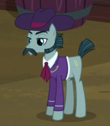 Size: 1511x1727 | Tagged: safe, screencap, turner mccolt, earth pony, pony, g4, season 5, the hooffields and mccolts, clothes, eyebrows, facial hair, hat, male, mccolt family, moustache, sideburns, solo, stallion, suit
