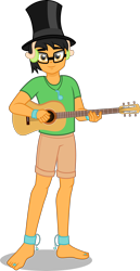 Size: 2000x3886 | Tagged: safe, artist:n0kkun, oc, oc only, oc:myoozik the dragon, human, equestria girls, g4, acoustic guitar, anklet, barefoot, barefooting, bracelet, clothes, commission, feet, glasses, green shirt, guitar, hat, headphones, high res, jewelry, looking at you, male, musical instrument, necklace, shorts, simple background, smiling, solo, toe ring, top hat, transparent background, vector