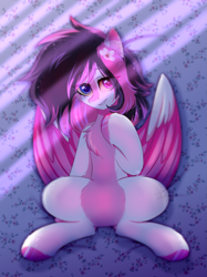 Size: 1867x2500 | Tagged: safe, artist:stesha, oc, oc only, oc:lunylin, pegasus, pony, bed, chest fluff, colored belly, colored wings, commission, cute, eye clipping through hair, eyebrows, eyebrows visible through hair, female, flower, flower in hair, full body, heterochromia, looking at you, lying down, mare, on back, on bed, partially open wings, pegasus oc, raised hoof, reverse countershading, smiling, smiling at you, solo, two toned mane, two toned wings, wings