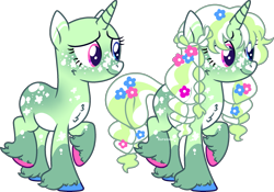 Size: 2007x1401 | Tagged: safe, artist:kurosawakuro, oc, oc only, pony, unicorn, base used, blue eyes, body markings, braid, braided tail, chest fluff, closed mouth, coat markings, colored eartips, colored pupils, facial markings, female, flower, flower in hair, freckles, heterochromia, horn, mare, mismatched hooves, pale belly, pink eyes, raised hoof, simple background, smiling, snip (coat marking), socks (coat markings), solo, tail, transparent background, unicorn oc, unshorn fetlocks